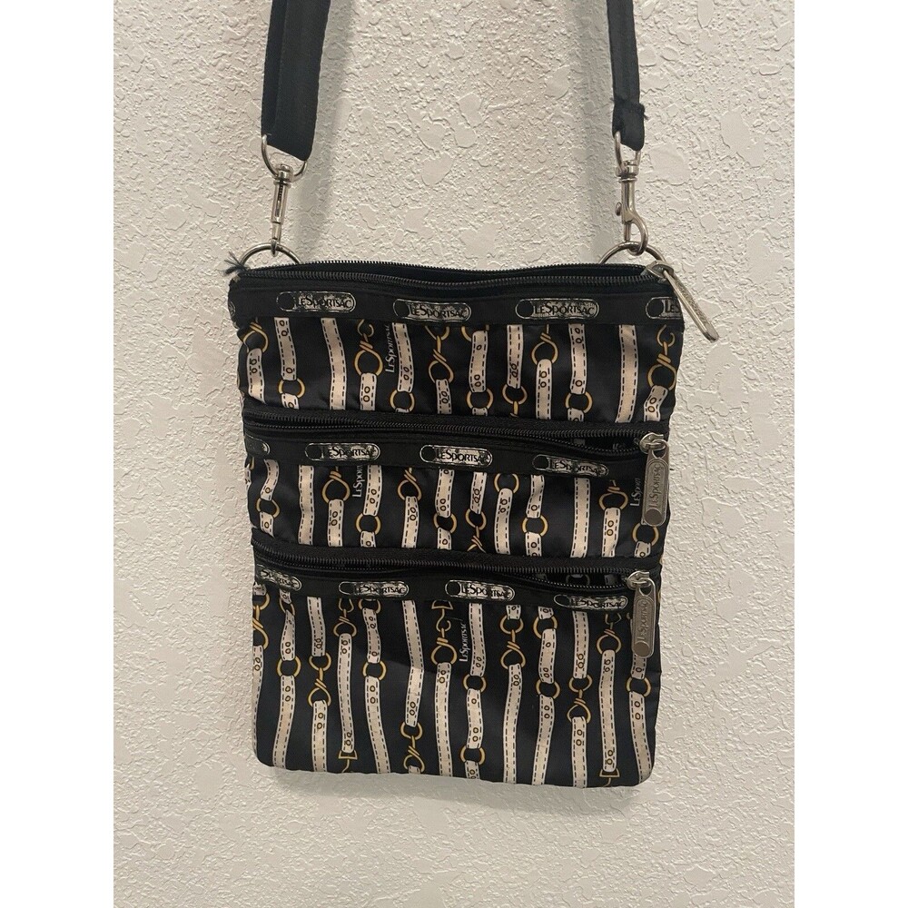 LeSportsac Handbag Bag Black with 3 Zipper Crossbody Shoulder Nylon Travel